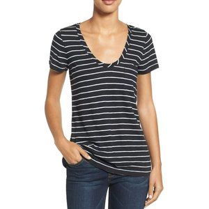 Caslon(r) Rounded V-Neck T-Shirt in Black- White Julia Stripe